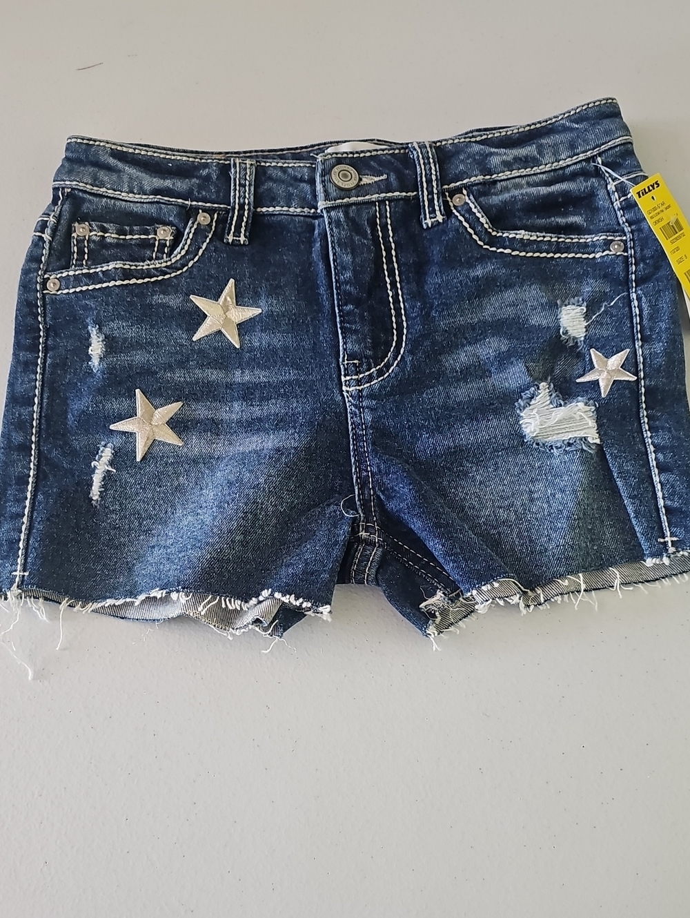 RSQ Dark Blue Denim Shorts with Silver Star Appliqués
